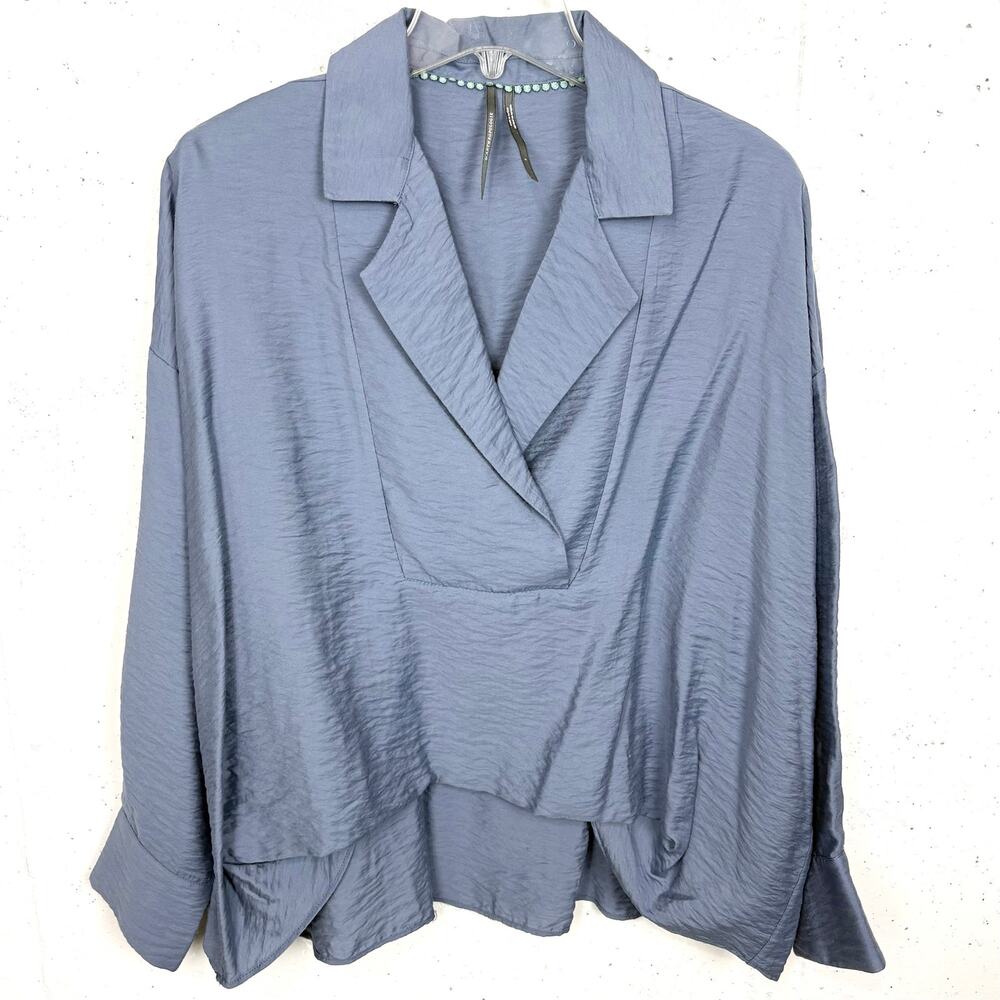 Anthropologie The Dylon Top Long Sleeve Wide Placket V-Neck Blue Size Small